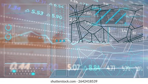 Displaying translucent digital dashboard overlay on office view, with line charts and map grid data. Technology, data visualization, analytics, innovation, business, interface, digital