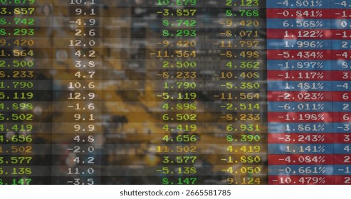 Displaying translucent digital financial panel showing colored figures in trading floor, data table. Futuristic, data visualization, technology, analytics, corporate, professional, sleek