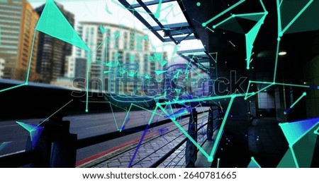 Displaying translucent digital network overlay above walkway, with metal railing and red curb. Technology, urban, futuristic, connectivity, architecture, infrastructure, data
