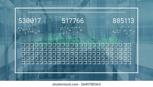 Displaying translucent digital overlay visualizing numeric labels in data center, with server racks. Technology, innovation, cybersecurity, enterprise, digital, futuristic, network