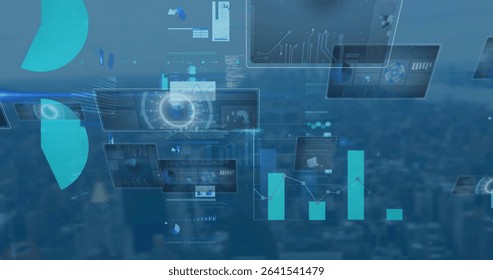 Displaying translucent digital panels floating above city skyline, with pie charts and bar graphs. Futuristic, technology, urban, data visualization, interface, analytics, digital