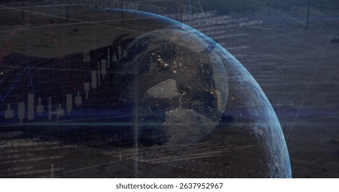 Displaying translucent Earth globe hovering in space, with candlestick charts and binary code. Planetary, technology, innovation, data visualization, futuristic, financial, digital