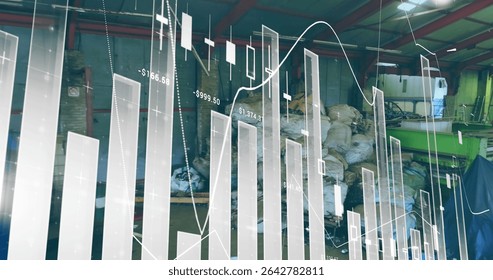 Displaying translucent financial charts overlaying warehouse with metal beams, stacked white sacks. Industrial, logistics, data, analytics, manufacturing, supply chain, construction