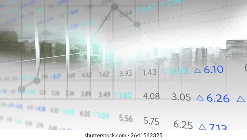 Displaying translucent financial line chart fluctuating over city skyline, with numeric data points. Futuristic, data, urban, analytics, corporate, high-tech, measurement