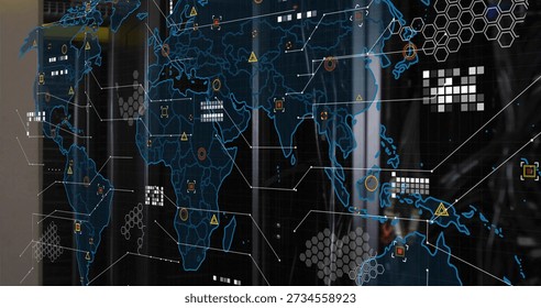 Displaying translucent global network map across glass panel in server room, showing nodes and LEDs. Futuristic, neon, blue, reflective, hexagonal, monitoring, cybersecurity