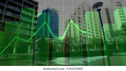 Displaying translucent green chart overlay across city plaza, showing vertical bars and jagged line. Urban, finance, graph, data, growth, skyline, reflections