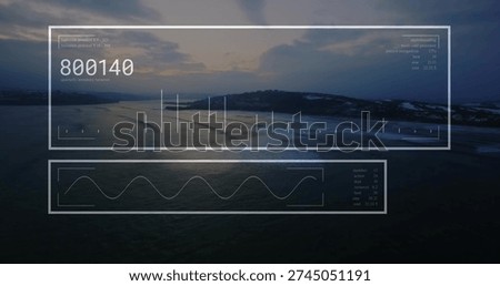 Displaying translucent HUD overlay centered over coast at sunrise, showing 800140 and sine-wave. Seascape, horizon, shoreline, twilight, gridlines, interface, graph