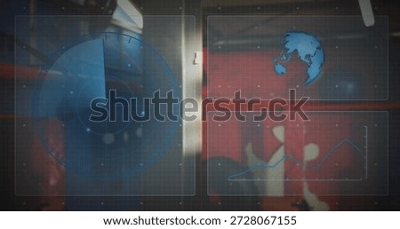 Displaying translucent HUD overlaying blurred control room, showing radar, globe icon, line chart. Futuristic, interface, holographic, analytics, monitoring, dashboard, grid
