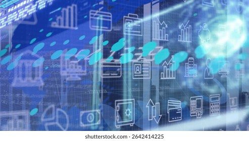 Displaying translucent interface over city skyline with bar-and-pie charts, padlock and calculator. Data visualization, technology, futuristic, corporate, digital, network, innovation