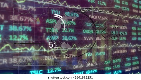 Displaying translucent interface panels at trading terminal, with line charts gauge and tickers. Data visualization, stock analytics, ui design, futuristic, finance, digital dashboard, technological