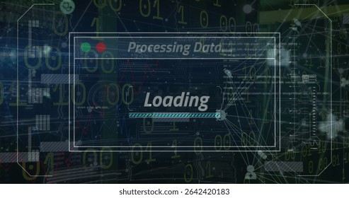 Displaying translucent panel in data center, with Processing Data label and loading progress bar. Technology, innovation, cybersecurity, network, digital, circuit, information