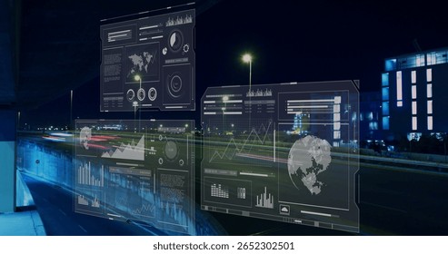Displaying translucent panels showing world maps and charts over night highway, with light trails. Futuristic, urban, nightscape, data visualization, holographic, modern, city - Powered by Shutterstock - Get 15% off with code: PIKWIZARD15