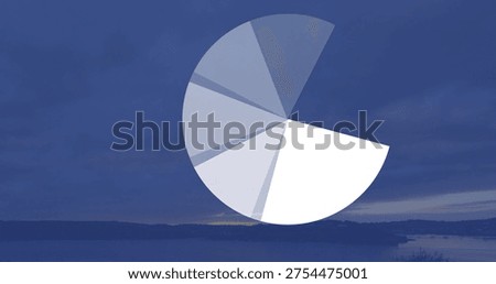 Displaying translucent pie chart hovering over coastal twilight, showing calm sea and white wedge. Circle, diagram, sector, transparent, horizon, dusk, ocean