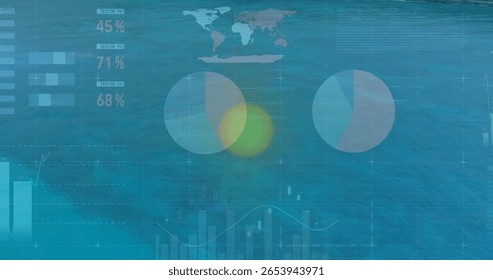 Displaying translucent pie charts over open sea, with world map bar and line graph percentages. Data visualization, financial analysis, ecosystem, technology, marine, infographic, global