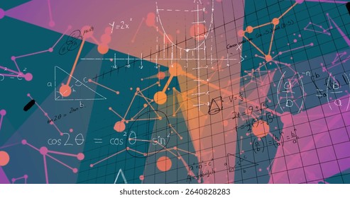 Displaying translucent silhouette floating in abstract space, grid overlay, math formulas and nodes. Futuristic, innovation, technology, data visualization, digital art, science, connectivity