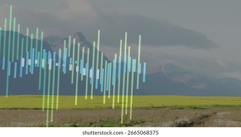 Displaying translucent vertical bars forming chart overlay over rural valley farmland, showing data. Nature, landscape, visualization, abstract, environmental, digital, growth