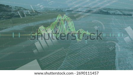 Displaying translucent waveform graph over coastal aerial scene, with bar charts gauges grid lines. Futuristic, technology, analytics, data visualization, oceanic, scenic, digital