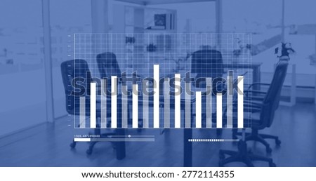 Displaying translucent white bar chart HUD over long conference table in office, with black chairs. Boardroom, overlay, visualization, gridlines, bluish, daylight, glass