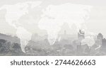 Displaying translucent world map overlay over elevated overlook, featuring hexagonal network nodes. Cityscape, geospatial, visualization, panorama, skyline, hazy, grayscale