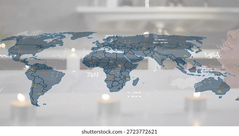 Displaying translucent world map overlay covering most of frame on glass desk, with warning icons. Globe, data, visualization, interface, dashboard, nodes, bokeh - Powered by Shutterstock - Get 15% off with code: PIKWIZARD15