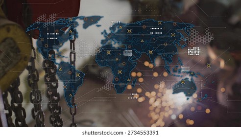 Displaying translucent world map overlay in workshop, with hanging chains, strap and sparks. Industrial, global, connectivity, data, technology, factory, machinery