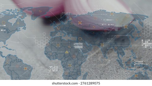 Displaying translucent world map overlay in composite, showing hex grid, HUD markers, blurred lips. Biometrics, visualization, geospatial, interface, network, analytics, holographic - Powered by Shutterstock - Get 15% off with code: PIKWIZARD15