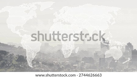 Displaying translucent world map overlay over elevated overlook, featuring hexagonal network nodes. Cityscape, geospatial, visualization, panorama, skyline, hazy, grayscale