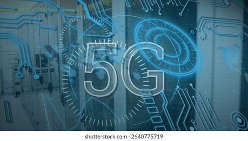 Displaying transparent 5G text over blurred office corridor with blue circuits, rings, clock dials. Technology, connectivity, innovation, digital, networking, modern, futuristic - Powered by Shutterstock - Get 15% off with code: PIKWIZARD15