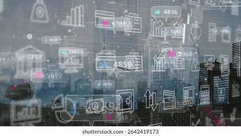 Displaying transparent analytics interface overlay over city skyline, with bar charts, folder icons. Futuristic, technology, urban, data visualization, corporate, digital interface, modern