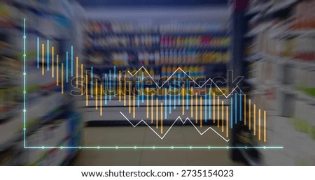 Displaying transparent analytics overlay hovering over retail aisle, with tiled floor and shelving. Dataviz, dashboard, metrics, bargraph, blue, orange, store