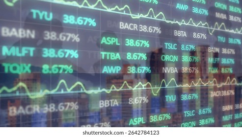Displaying transparent glass screen showing stock tickers at trading floor office, with neon graphs. Futuristic, technology, finance, data, analytical, corporate, neon