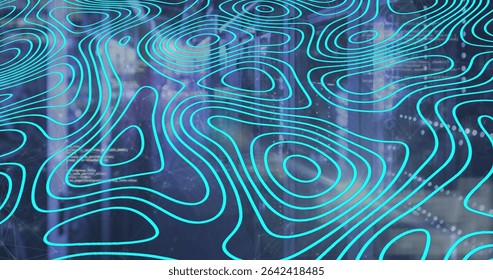 Displaying turquoise contours over blurred trunks in woodland, with code snippets and data markers. Abstract, futuristic, digital, visualization, technology, neon, immersive