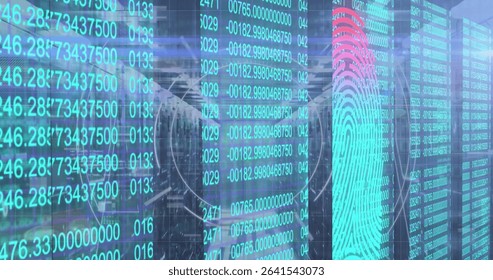 Displaying turquoise fingerprint graphic overlaying scrolling numeric code in server rack aisles. Cybersecurity, data protection, digital infrastructure, biometric security, high-tech, information