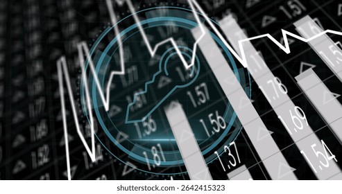 Displaying turquoise padlock icon securing data on financial interface with bar and line chart data. Cybersecurity, technology, innovation, finance, encryption, protection, analytics