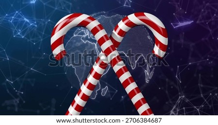 Displaying two glossy candy canes crossing in digital artwork, with dotted globe and network lines. Crisscross, stripe, red, white, world, map, promo