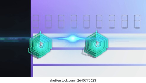 Displaying two radar charts in dashboard with blue lens flare, glitch streaks and outline icons. Data visualization, analytics, technology, digital interface, futuristic, innovation, dashboard