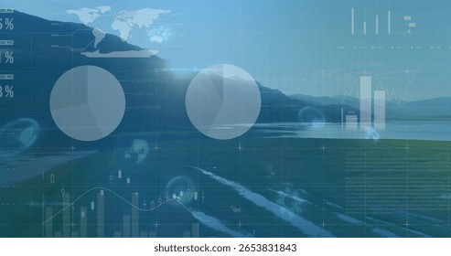 Displaying two translucent pie charts over lakeside field, with bar charts, line graph, world map. Data, analytics, visualization, technology, nature, finance, insight