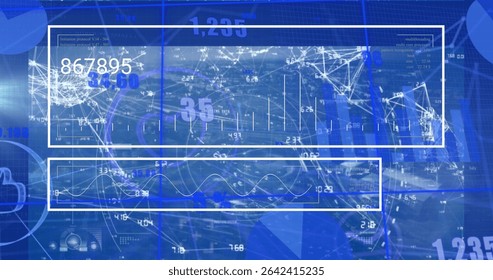 Displaying two white-outlined data panels in dashboard, with network node diagram and line graph. Futuristic, analytics, digital, interface, technology, visualization, abstract