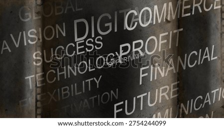 Displaying typographic word cloud over grungy metal wall, showing rust panels and perforated strip. Wordcloud, typography, industrial, grunge, metallic, oxidized, texture