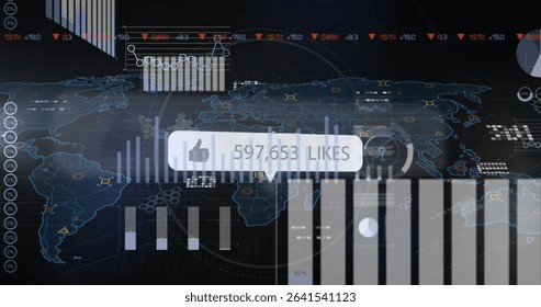 Displaying UI bubble showing thumbs-up icon and 597,653 likes on data dashboard, with world map. Dashboard, analytics, data visualization, user interface, global metrics, technology, digital