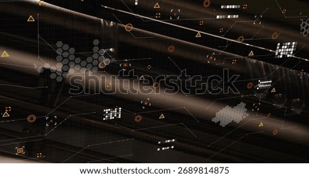 Displaying UI cutting beams in virtual space, with hex clusters, grid blocks, reticles and lines. Futuristic, abstract, digital, technology, network, interface, holographic