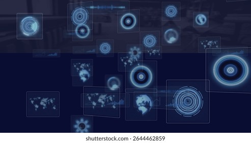 Displaying UI panels in dashboard, showing glowing circles, radial graphs, waveforms and map icons. Technology, futurism, interface, data visualization, digital design, innovation, cyberspace