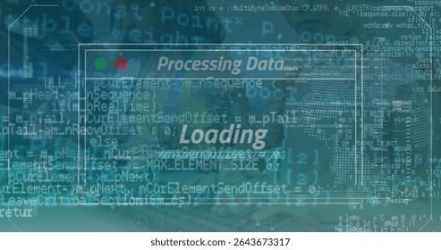 Displaying UI window showing processing data loading on screen, with overlaid code, circuit motif. Futuristic, technology, cyber, interface, digital, data, matrix