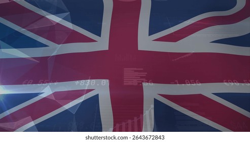 Displaying Union Jack flag in dashboard, streaming numeric data, line graphs, bar charts. Patriotism, technology, innovation, data analytics, modern, financial, digital