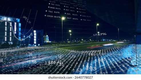 Displaying urban highway with blurred red light trails by street lamps at night with data overlays. Futuristic, technology, transportation, modern, motion, digital, urbanization