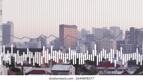 Displaying urban skyline from roof with vertical bar chart and line chart overlays and grid lines. Metropolitan, analytics, data visualization, modern, electronic, financial, digital