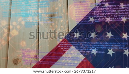 Displaying US flag panel overlying wooden planks, with circuit board pattern and code snippets. Patriotism, technology, digitalart, innovation, cybersecurity, connectivity, modern