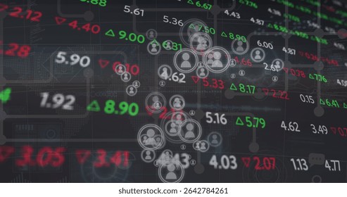 Displaying user icons forming network nodes on finance dashboard with tickers and colored arrows. Technology, connectivity, data visualization, digital interface, financial analytics, innovation,
