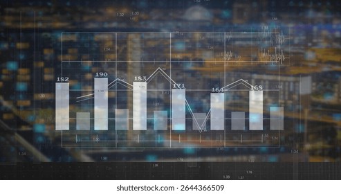 Displaying vertical bar chart over blurred city skyline, with numeric labels line graph grid lines. Analytics, finance, data visualization, digital, modern, technology, business - Powered by Shutterstock - Get 15% off with code: PIKWIZARD15