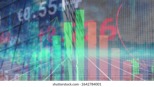Displaying vertical bars rising from grid plane in trading dashboard, with ticker values and arrows. Financial, data, analytics, visualization, digital, technology, investment - Powered by Shutterstock - Get 15% off with code: PIKWIZARD15